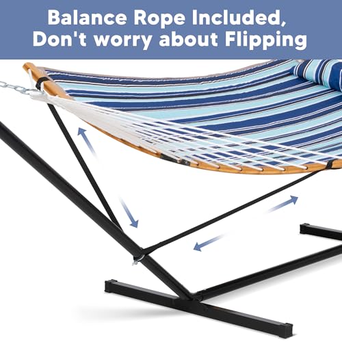 SUNCREAT Double Hammock with Stand Included, Portable Hammock with Stand and Large Pillow, Blue Stripes - color: A-blue Stripe