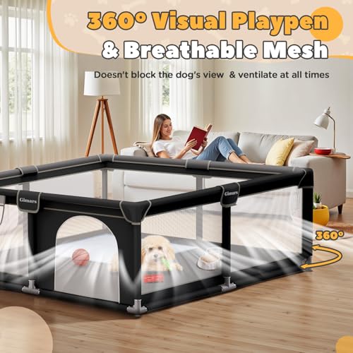 50x50x26 Inches Puppy Playpen with Gate, Dog Playpen for Puppies or Small Dogs, Sturdy Safety Dog Fence Pet Playpen with Thickened Fabric, High-Strength Nylon Wire Mesh for Indoor & Outdoor,Washable - color: Black-Large