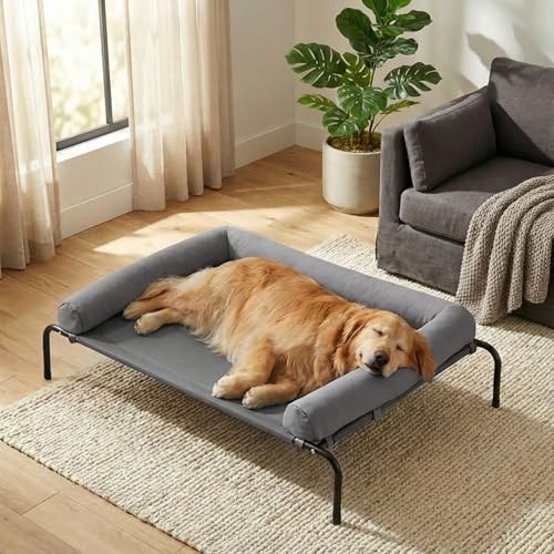 RRPETHOME Large Elevated Cooling Dog Bed 43 x 31 x 8 Inch, Raised Dog Cot Beds for Large Dogs,Elevated Outdoor Pet Bed,Chew Proof Portable Cooling Pet Cot with Skid-Resistant Feet and Breathable Mesh - color: Grey, size: 43.0"l X 31.0"w X 8.0"th