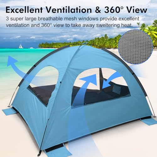 WhiteFang Beach Tent Anti-UV Portable Sun Shade Shelter for 3/4/6/8 Person, Extendable Floor with 3 Ventilating Mesh Windows Plus Carrying Bag, Stakes and Guy Lines - color: Blackout Shelter-Blue, size: 4 Person