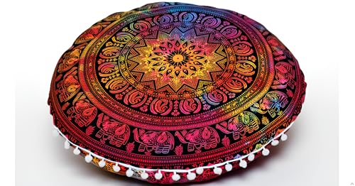 CRAFT KALA 32" Large Round Bohemian Floor Pillow Cover Boho Pouf Cover Mandala Meditation Room Pillows Cover Adults Seating Poufs Cushion Cover for Kids Reading Playroom Multi Elephant - color: Multi Elephant