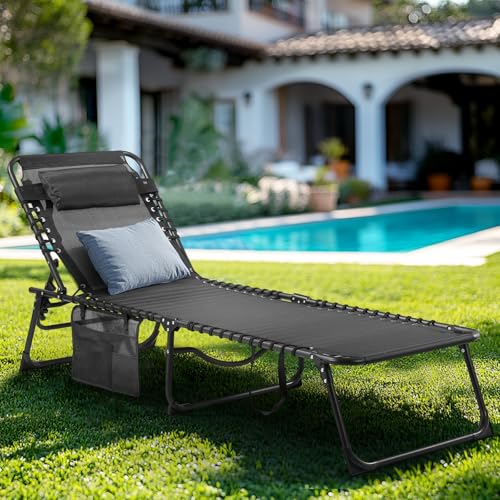 Unovivy Outdoor Chaise Lounge Chairs Set of 2, Portable Folding Pool Lounge Chair with 5-Position Reclining Back, Teslin Tanning Chair for Pool, Beach, Patio, Sunbathing - color: Black