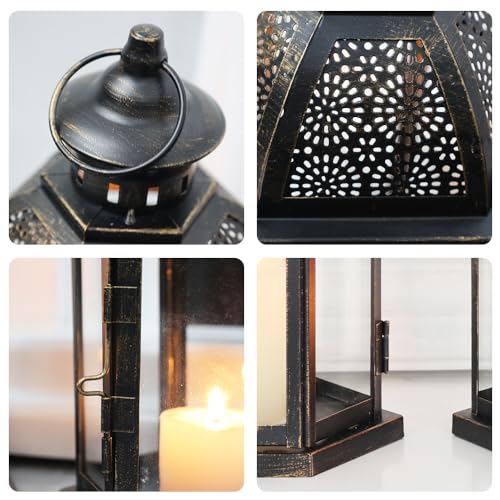 Large Lantern Decorative Outdoor & Indoor, Set of 2 (15’’&11’’) Metal Candle Lanterns Decor, Vintage Hanging Candle Holder for Front Porch Patio Wedding Farmhouse Home, Spring Decoration - color: Black / 14.6''h+10.8''h