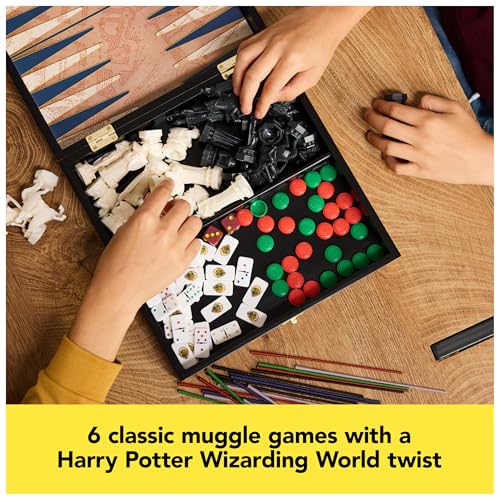 Spin Master Games, Wizarding World of Harry Potter Trunk of Games 6-in-1 Wooden Storage Box, for Muggle Fans of Harry Potter Movies, Chess Wizard, Pick-Up Wands & More, 2-4 Players, for Ages 8 & Up - color: 6-in-1 Game Box