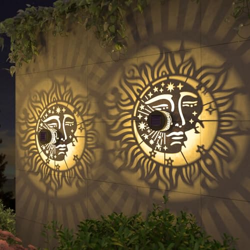 4 Pack Solar Fence Lights Metal Solar Powered Outdoor Wall Deck Step Lights Sun Moon Theme Waterproof Fence Light for Garden Post Patio Backyard Yard Decor, Gardening Gifts for Women Mom Grandma - color: Sun Moon, size: 4 Pack