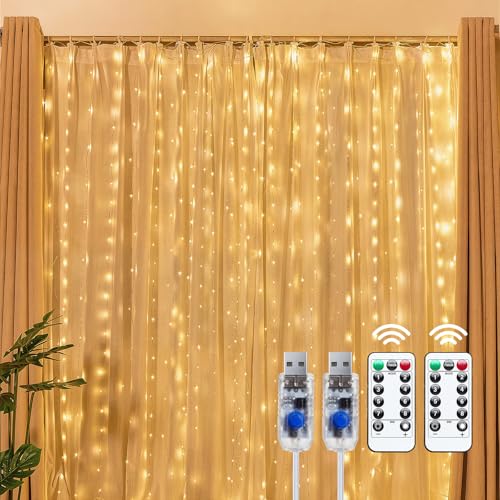 Brightown 300 LED Fairy Curtain Lights, 9.8ft x 9.8ft String Lights, USB Plug in 8 Lighting Modes Christmas String Hanging Lights with Remote for Bedroom Indoor Outdoor Party Xmas Warm White 2 Pack - color: Warm White, size: 2 Pack-300 LED