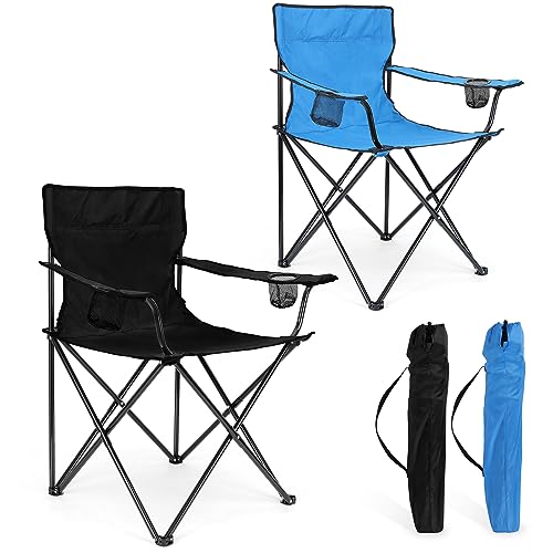 Foldable Camping Chair Set of 2, HaSteeL Folding Camp Chairs & Carrying Bags for Adults, Portable for Lawn, Outdoors, Fishing, Hiking, Travel, Picnic, Beach, Oversized & Supports 275lbs (Black & Blue) - color: Black +Blue
