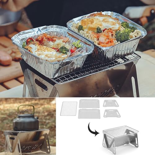 Mini Portable Camping Grill with Bamboo Stick/Storage bag, Small Assemblable Removable BBQ Grill Tabletop Fire Pit for Camping Patio Outdoor Stainless Steel Camping Grill Folding Barbecue Grills