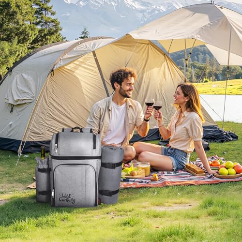 VEVOR Picnic Backpack, Beach Picnic Backpack Bag for 4 Person with Insulated Cooler Compartment, Detachable Bottle/Wine Holder, Lightweight Blanket, Plates and Cutlery Set for Hiking & Camping, Grey - size: double layer for 4 & gray