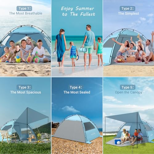 Elegear CumbreX™ Beach Tent Sun Shelter with Canopy, 6-8 Person Beach Tent, Easy Setup UPF 50+ UV Protection Portable Lightweight Double Silver Coating Cabana Sun Shade Shelter - Sky Blue - color: Sky Blue, size: 6-8 Person