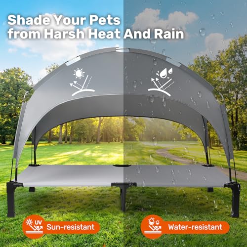 Heeyoo Elevated Dog Bed with Removable Canopy, Portable Dog Cot with Sun Protection Shade Tent, Raised Pet Cooling Cot Bed for Dogs, 60in - color: Grey, size: 60"L x 36"W x 9.5"H