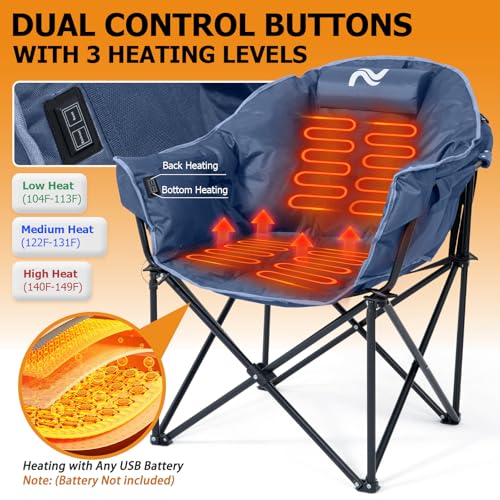 LILYPELLE Oversized Heated Camping Chair, Patio Lounge Chairs with 3 Heat Levels, Portable Folding Heated Chair Round Moon Saucer Folding Lawn Chair Outdoor Chair for Camping, Lounge Patio - color: Dark Blue, style: Heated Moon Chair