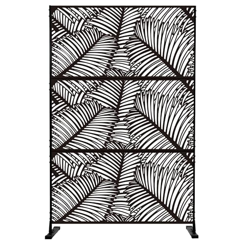 Kozyard Metal Privacy Screen 74" H x 47.2" W Decorative Outdoor Divider with Stand Panels Freestanding Screen Set for Deck Patio Balcony Garden Outdoor&Indoor (Black/Palm Leaf) - color: Black/Palm Leaf