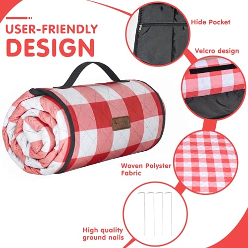 HX&OD Outdoor Picnic Blanket, Extra Large, 80''x80'' Waterproof Foldable Blankets Gingham Picnic Mat for Beach, Camping Grass Lawn Park Accessories Cute Couple Ideas Wedding (Red, 80”x80”) - color: Red, size: 6'8" x 6'8" (Square)