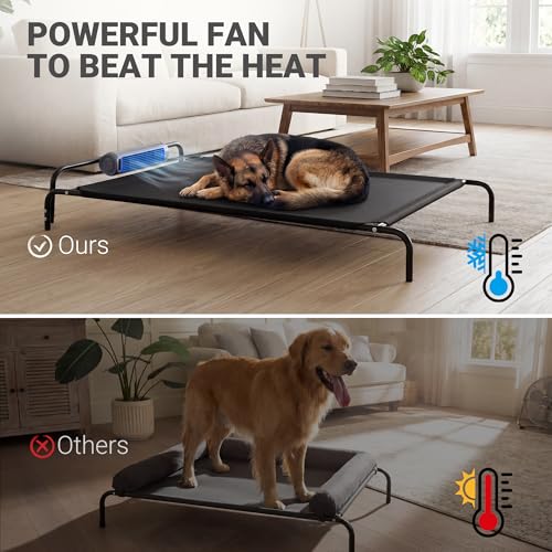 Tailwaggz Elevated Outdoor Dog Bed with Fan - Cooling Dog Bed for Large Dogs, Waterproof Cot Easy to Assemble, 3 Wind Speed, Raised Dog Bed with Washable Mesh Cover, Durable, Non Slip, Up to 105 lbs - size: Large