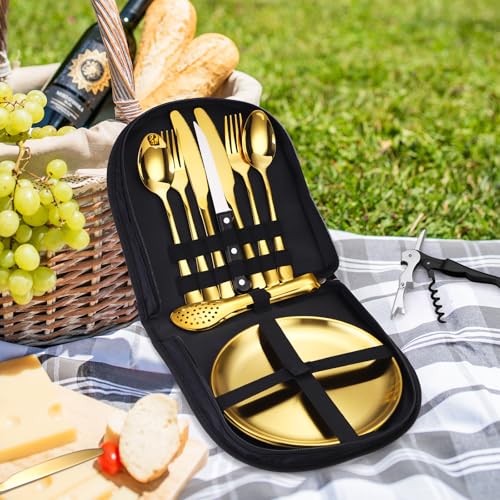 Camping Silverware Kit Cutlery Organizer Utensil Picnic Set Stainless Steel Plate Spoon Clip and Serrated Knife Wine Opener Fork Napkin Hiking - Camp Kitchen BBQ’s - color: Camping Silverware Set-13set-Gold
