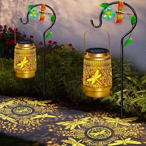 2 Packs Dragonfly Solar Lanterns Outdoor Waterproof with Shepherd Hook,Hanging Solar Lights Garden Decor,Christmas Decorations Dragonfly Gift for Women Grandma,Metal Decorative Lanterns for Yard,Patio - style: 2 packs solar dragonfly lanterns