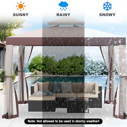Gazebo, 10'x10' Patio Gazebo Outdoor Waterproof Canopy Tent UV-Resistant 2-Tier Top Sturdy Canopy Shelter Tent for Camping with Removable Netting for Garden Patio Backyard (Red & Brown, 10' x 10') - color: Red & Brown