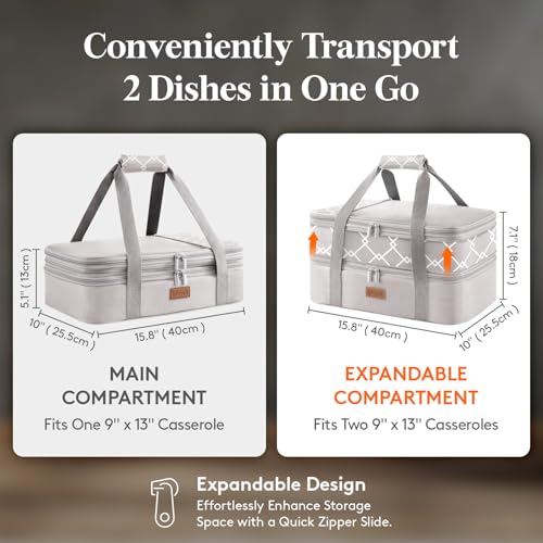 Lifewit Insulated Double Decker Casserole Carrier, Expandable Lasagna Lugger Tote Bag for Hot or Cold Food, Fits 9" x 13" Baking Dish for Potluck Parties, Picnic and Cookouts, Grey-Geometric - color: Grey-geometric