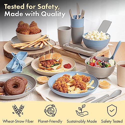 FOODLE Wheat Straw Dinnerware Set - BPA Free & Safety Certified - Microwave & Dishwasher Safe - Perfect for Kids, College Dorm, Picnic, Camper, RV Dishes - Camping Plates Cups and Bowls Set - For 6 - color: Multicolor 2