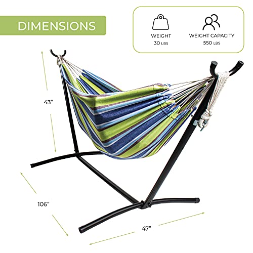 Backyard Expressions Double Camping Hammock with Steel Stand & Carrying Bag, Adjustable Height, Ultra Soft Cotton Blend, 550 lb Capacity, Indoor & Outdoor Portable Hammock - color: Verdant Bay