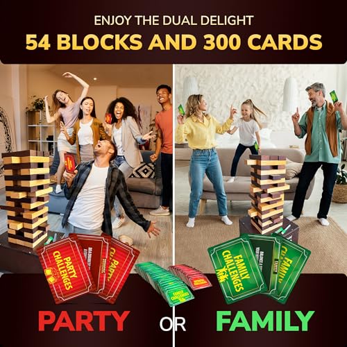 QUOKKA Premier Jumbo Tumble Tower Game - Block Stacking Game for Family - 2.8 Ft | 54 Blocks with Fun Challenges | Water Weather Resistant - Big Wooden Game for Yard