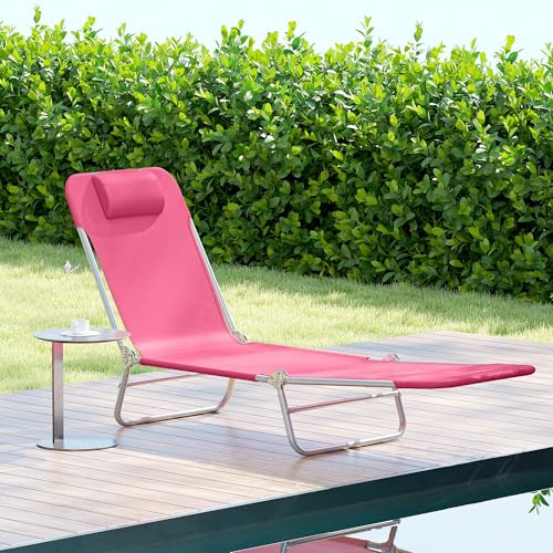 Outsunny Folding Chaise Lounge Chair, Pool Sun Tanning Chair, Outdoor Lounge Chair with Reclining Back, Breathable Mesh Seat, Headrest for Beach, Yard, Patio, Pink