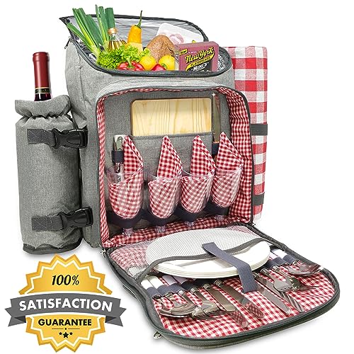 Nature Gear Picnic Backpack for 4, Insulated Picnic Set with Dinnerware, Wine Cooler, Blanket & Cutlery Service, Waterproof Outdoor Bag for Beach, Camping, Travel & Park, Red - color: Red