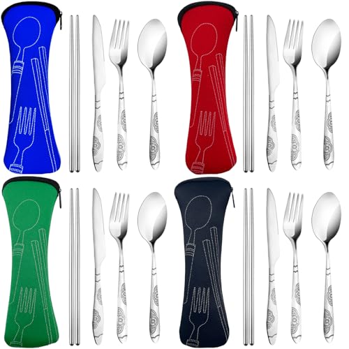 20PCS Premium Travel Utensils With Case, Stainless Steel Reusable Portable Utensils Set With Case, Lengnoyp Travel Silverware Set With Case for Lunch Box Camping, Silver - color: Thin Red blue green black