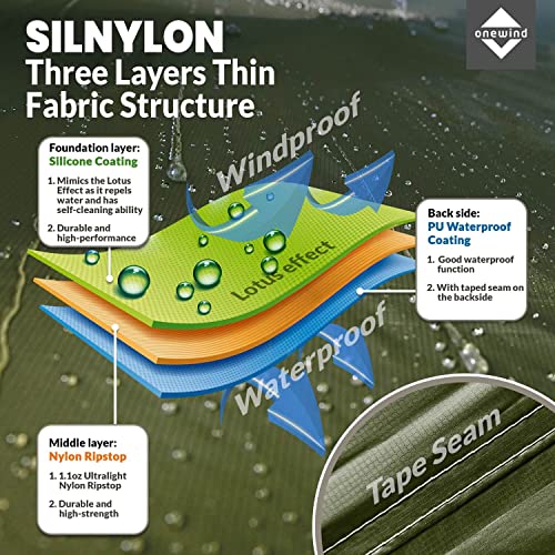 onewind Hooded Rain Poncho, Silnylon Rain Coat Versatile Survival Shelter Waterproof Breathable Lightweight Poncho - color: Od Green-89"*56" (226cm*142cm), size: Small
