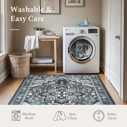 Rugflix 4x6 Area Rugs Machine Washable, Dark Navy Blue Carpet for Living Room, Oriental Indoor Area Rug Low Pile, Large Soft Thick Carpets Non Slip, Farmhouse Vintage Rug for Bedroom Dining Room - color: Blue, size: 4' x 6' (Rectangular)