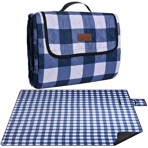 Extra Large Picnic Blanket 80''x 60'' Picnic Mat Waterproof Sand Proof Foldable for Beach, 5-Layer Outdoor Blanket for 6 to 8 Adults,Camping Lawn Hiking Park Music Festival Wedding Mats(Navy Blue) - color: Navy Blue, size: 5' x 6'8" (Square)