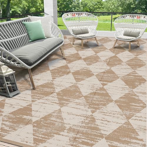 HEBE Checkered Outdoor Rug Waterproof 9x12, Reversible Plastic Straw Rug RV Camping Rug, Indoor Outdoor Patio Mat Clearance, Outside Carpet for Porch, Deck, Camper, Balcony, Backyard, Picnic - color: Light Beige, size: 9' x 12' (Rectangular)