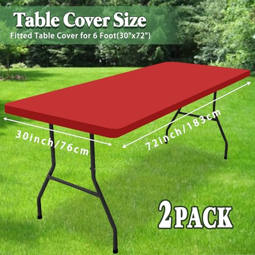 2 Pack Picnic Fitted Table Cover for 6 Foot Tablecloth for Rectangle Tables Waterproof Stretch Washable Folding Indoor and Outdoor Spandex Table Cloth for Camping Banquet and Parties (Red,30" x 72") - color: Red, size: 30"x72" (Pack of 2)