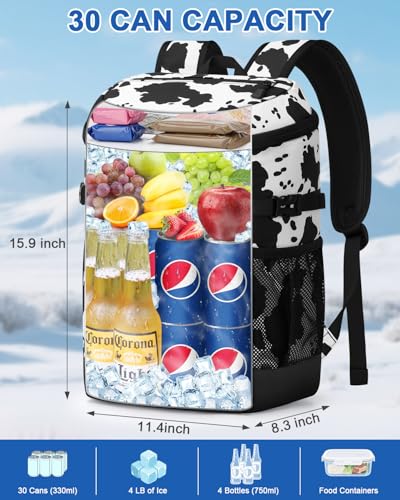 Pritent Cooler Backpack for Men Women Insulated Waterproof Backpack Cooler Leak Proof Cooler Bag Lightweight Lunch Backpack for Camping Beach Travel Picnic - color: Cow Print, size: 30 Cans