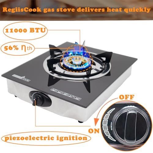 1 Burner Propane Gas Cooktop,Camping Portable LPG Gas Stove, Auto Ignition Tempered Glass Countertop Regulator and Burner Grate - color: Glass