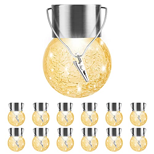 Solar Outdoor Lights Decorative 12 Pack, Hanging Solar Garden Lights Waterproof, Solar Powered Globe Cracked Glass Ball Lantern for Yard Patio Fence Tree Umbrella Holiday Decoration, Warm White - color: Warm White, size: 12