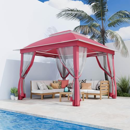 11'X11' Gazebo Pop Up with 4 Sidewalls Mosquito Netting, Heavy Duty Patio Gazebo Canopy Tent with Double Air Roofs for Backyards, Patios, Decks, Gardens, Parks - color: Pink Top