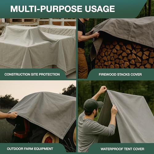 CCS Waterproof Canvas Tarp Cover – Heavy Duty Duck Cloth, Waxed Canvas Tarpaulin with Rustproof Brass Grommets for Camping, Construction, Equipment & Outdoor Use (Grey, 6x8 Ft) - color: Gray, size: 6 by 8 Feet