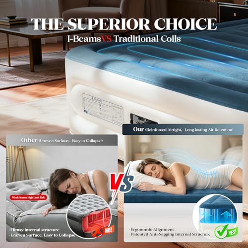 VOSSER Queen Air Mattress with Built-in Pump,Fast & Easy Inflation/Deflation Inflatable Mattress, Foldable Blow Up Mattress with Storage Bag, Inflatable Bed for Home, Camping & Guests - color: Navy Blue, size: Queen 15''(Standard Height)