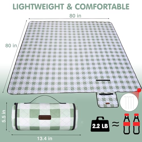 HX&OD Outdoor Picnic Blanket, Extra Large, 80''x80'' Waterproof Foldable Blankets Gingham Picnic Mat for Beach, Camping Grass Lawn Park Accessories Cute Couple Ideas Wedding (Green, 80”x80”) - color: Green, size: 6'8" x 6'8" (Square)