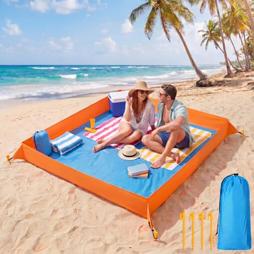 Qunclay Oversize Large Sandproof Beach Blanket 7.2 x 4.6 ft Outdoor Playpen Mat with 3.5" Tall Walls Waterproof Sand Free Picnic Sheet with Stakes & Storage Bag for Family, Beach Camping Essentials