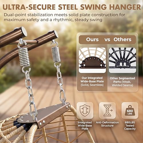 BLUEXYARD Outdoor Double Egg Swing Chair with Cover and Stand, 2 Person Sturdy Hanging Wicker Hammock Chair, Comfy Patio Loveseat with Cushion for Porch Balcony Bedroom Backyard, Beige - color: Beige/Beige, size: 2 Seats with Cover