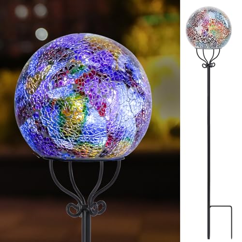 VCUTEKA Solar Outdoor Lights Garden Decor Mosaic Solar Garden Lights Waterproof Glass Ball LED Pathway Stake Light for Landscape Lawn Patio Yard Decoration 6 inch, Purple - color: Purple