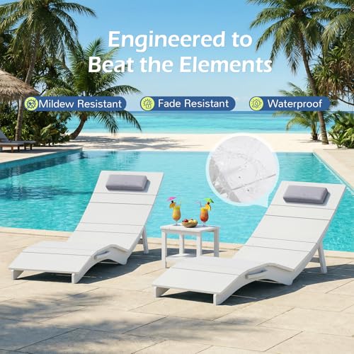 Stoog All-Weather Folding Pool Lounge Chairs, HIPS Anti-Floating Outdoor Chaise with Headrest, Heavy Duty Pool Chairs for Beach, Sun Deck, White - color: White