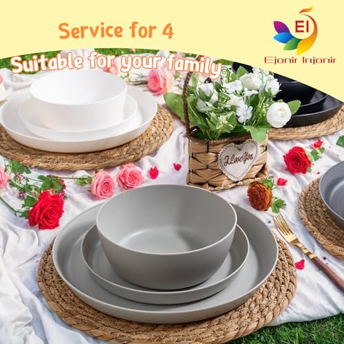 EI 12pcs Wheat Straw Plates,Wheat Straw Dinnerware Set,Plate and Bowls Sets,Plastic Plates Reusable-White,Black,Grey,Dark Grey,Dinner Plate Set of 4 Kitchen,Picnic - color: Black,White,Grey and Dark Grey Wheat Straw Plates and Bowls
