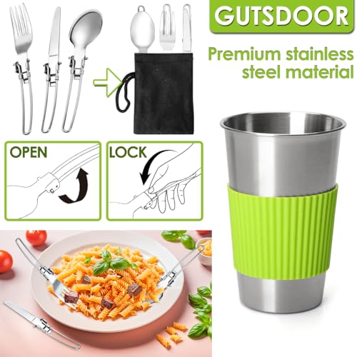 Gutsdoor Camping Cookware Set Camping Gear Campfire Utensils Non-Stick Cooking Equipment Lightweight Stackable Pot Pan Bowls with Storage Bag for Outdoor Hiking - style: 12pcs (Green)