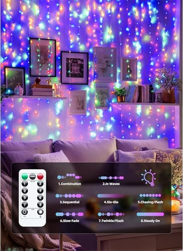 Brightown 300 LED Fairy Curtain Lights, Curtain String Lights, USB Plug in 8 Lighting Modes Christmas Decoration, Hanging Lights with Remote for Bedroom Indoor Weddings Dorm Multicolor 1 Pack - color: Multicolor, size: 1 Pack-300 LED