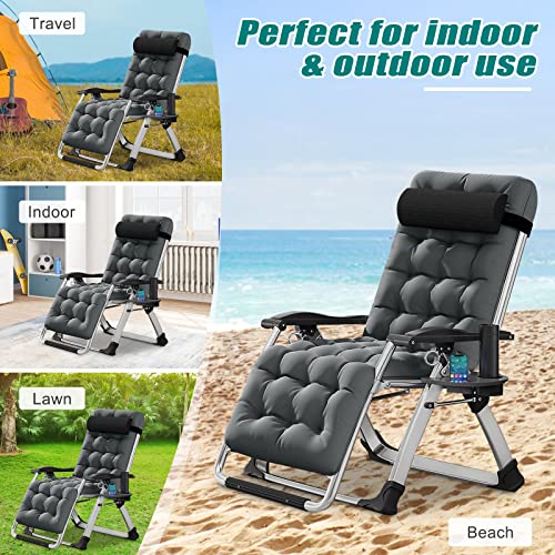 DoCred Zero Gravity Chair, Lawn Recliner, Reclining Patio Lounger Chair, Folding Portable Chaise with Detachable Soft Cushion, Cup Holder, Headrest - color: Smoky Gray, style: Zero Gravity Chair