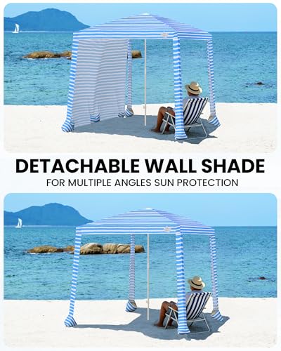 Qipi Beach Cabanas for Sand, Beach Canopy with Sandbags & Side Wall for Family, Easy Set Up Sun Shelter, UPF 50+ UV Protection with Roof Vent - color: 8' x 8' Blue Stripes Dual-Fold